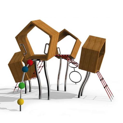 Žaidimų kompleksas  pagamintas  iš nerūdijančio plieno V2A, maumedžio medienos ir EPDM kaučiuko baltame fone