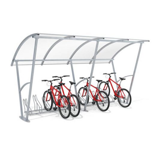 10-ies vietų dviračių stoginė iš cinkuoto/dažyto/nerūdijančio plieno ir polikarbonato su pavaizduotais dviračiais stoginėje baltame fone