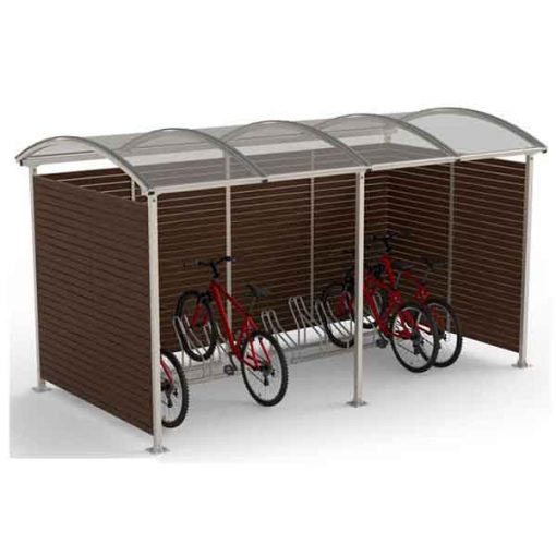 10-ies vietų dviračių stoginė iš plieno, polikarbonato ir medienos lentų baltame fone