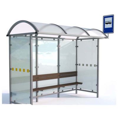 Autobusų laukimo stotelė pagaminta iš plieno, polikarbonato ir grūdinto stiklo. baltame fone