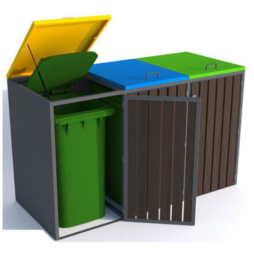 Trijų dalių saugykla atliekų konteineriams iš plieno ir medienos baltame fone