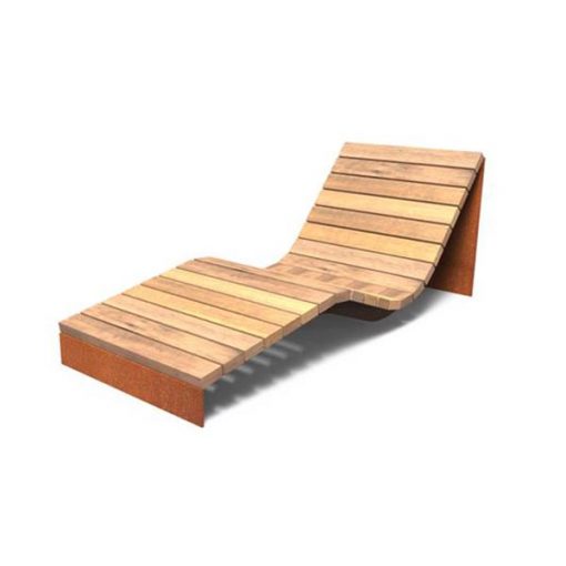 poilsio suoliukas-gultas iš corten plieno ir kietmedžio medienos baltame fone