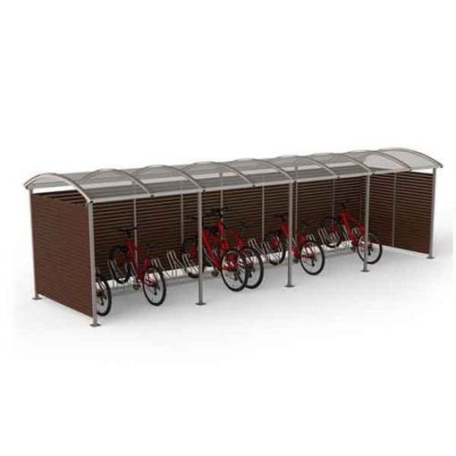 20-ies vietų dviračių stoginė iš plieno, polikarbonato ir medienos lentų baltame fone