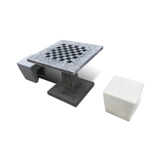 Lauko šachmatų stalas iš architektūrinio betono ir granito baltame fone