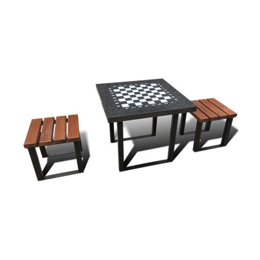 Lauko šachmatų stalas pagamintas iš juodalksnio medienos, cinkuoto dažyto plieno ir granito baltame fone